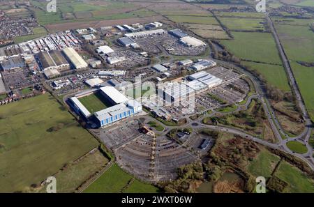 Aerial view of Monks Cross Shopping Park, Vangarde Shopping Park &  The York Stadium Leisure Complex, York, UK. Stock Photo