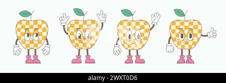 Groovy cartoon apple, hippie checkered pattern. 60s and 70s funky comic characters set. Stock Vector