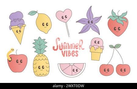 Pop art designed cute cartoon fruits, icecream, sea star with summer vibe. Y2k style vector characters. Stock Vector