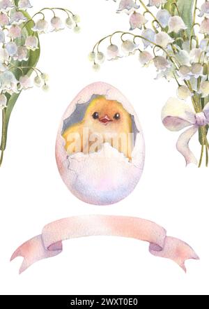 Watercolor illustration of a fluffy chicken in the cracked egg, bow and spring flowers hand painted. The symbol of spring, new life, nature's awakenin Stock Photo