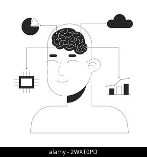 AI data analytics black and white 2D illustration concept Stock Vector