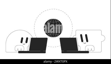International data transfer black and white 2D illustration concept Stock Vector