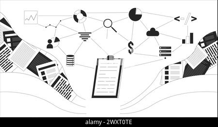 Database management black and white 2D illustration concept Stock Vector
