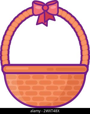 Wicker straw Easter basket decorated with red bow. Bright minimalistic illustration for design of festive Easter banner. Cartoon vector element in thi Stock Vector