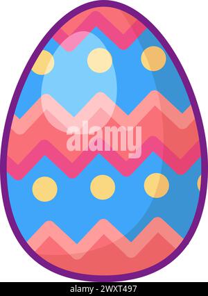 Festive Easter egg with multi colored dotted and zigzag ornate. Bright minimalistic illustration for design of festive Easter banner. Cartoon vector e Stock Vector