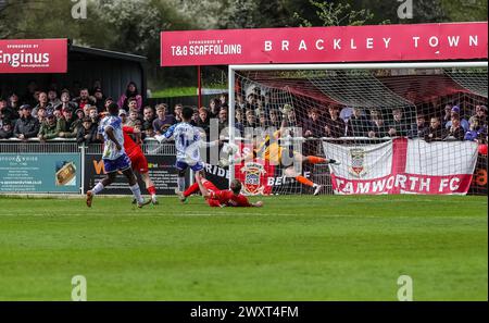 Tamworth's Jas Singh makes a save during their match against Brackley Town in the Vanarama National League North at St James Park on Monday 1st April Stock Photo