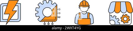 Collection of icon on topic electrical engineering in white, blue and orange colors. Set including lightning, chip and gear, handyman, parts store. Stock Vector