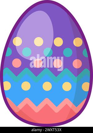 Festive Easter egg with multi colored dotted and zigzag ornate. Bright minimalistic illustration for design of festive Easter banner. Cartoon vector e Stock Vector