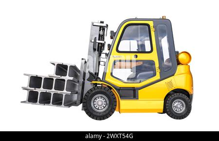 Side view of a new yellow forklift truck, isolated on a white background. 3d render Stock Photo