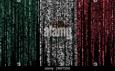 Flag of Mexico on a computer binary codes falling from the top and fading away. Stock Photo