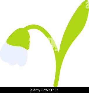 First spring snowdrop flower blooming. Bright childish careless illustration for design of festive spring banner. Flat hand drawn vector element isola Stock Vector