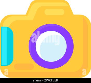 Yellow SLR camera. Professional camera with lens for photographing memorable moments of summer holidays. Summer vacation icon. Simple flat cartoon vec Stock Vector