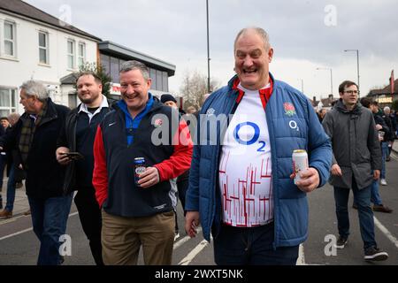 9th March 2024, London, UK: England rugby fans arrive at Twickenham Stadium  before England take on Ireland in the Six Nations Rugby Championship in London. Stock Photo