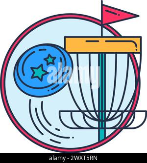 Sport badge. Disc golf sport game flies directly into basket marked with red flag. Sport and active lifestyle. Simple colored stroked vector icon isol Stock Vector