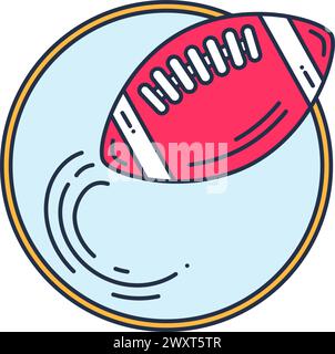 Sport badge. Flying oval ball for playing rugby or American football. Sport and active lifestyle. Simple colored stroked vector icon isolated on white Stock Vector