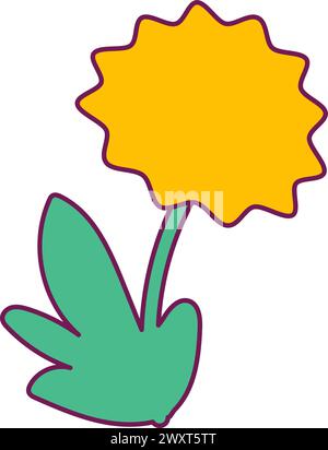 Yellow blooming dandelion flower. Bright illustration for design of festive spring banner. Flat vector element in thin stroke isolated on white backgr Stock Vector