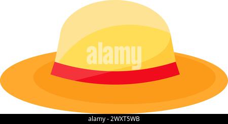 Lightweight woven beach hat for sun protection. Summer panama hat with wide brim. Summer vacation icon. Simple flat cartoon vector isolated on white b Stock Vector