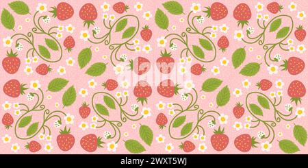 Strawberry-themed seamless pattern design featuring delightful berries, flowers, green leaves. Recurring surface design suitable for clothing, textiles, wrapping paper, and various applications. Stock Vector