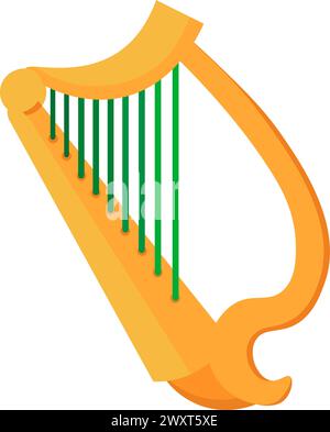 Vector cartoon musical harp with green strings and golden wood in the colors of the Irish flag for spring holiday decoration, Happy Patrick party elem Stock Vector