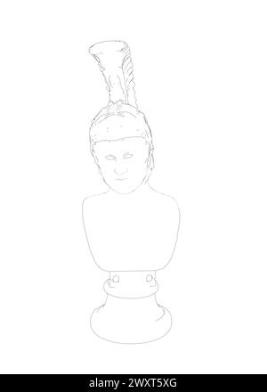 Vector illustration of a bust of Greek God Ares. Statue bust outline made of black lines isolated on white background. Stock Vector