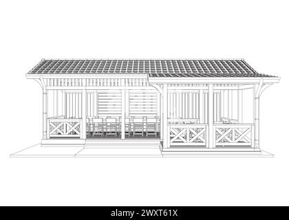 Gazebo outline. Black contour linear silhouette. Isometric view. Contour of a summerhouse with benches, a table and a roof. Vector illustration. 3D. S Stock Vector