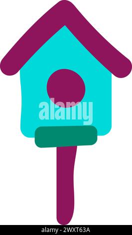 Wooden house on stick for first spring birds. Bright childish careless illustration for design of festive spring banner. Flat hand drawn vector elemen Stock Vector