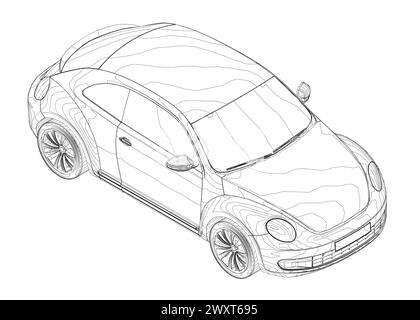 Beetle car - vector illustration Outline. Car vehicle beetle isolated icon vector illustration design. Isometric view. 3D. Stock Vector