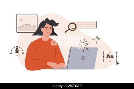Female graphic designer working on a computer. Creative digital illustrator at work doing research and drawing at graphic editor. Woman freelancer Stock Vector