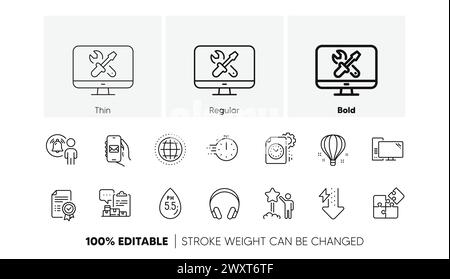 Headphones, Globe and Computer line icons. For web app, printing. Line icons. Vector Stock Vector