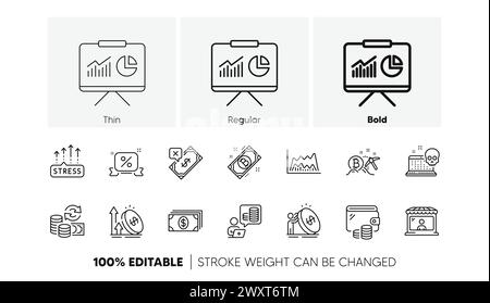Bitcoin mining, Rejected payment and Banking line icons. For web app, printing. Line icons. Vector Stock Vector