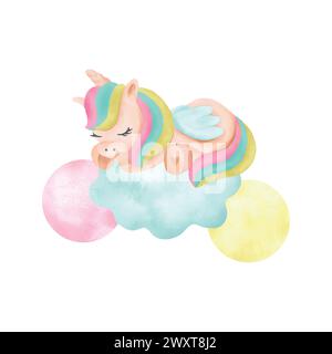 Cute unicorn sleeping on a cloud, watercolor. Hand drawn vector illustration in pastel colors for cards, invitations, websites, album covers. Set of e Stock Vector