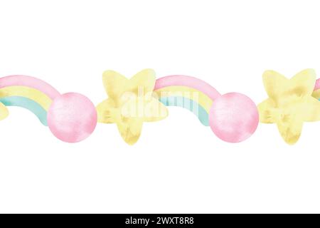 Rainbow, star, ball, watercolor. Seamless border. Hand drawn vector illustration in pastel colors for cards, invitations, websites, room design. Stock Vector