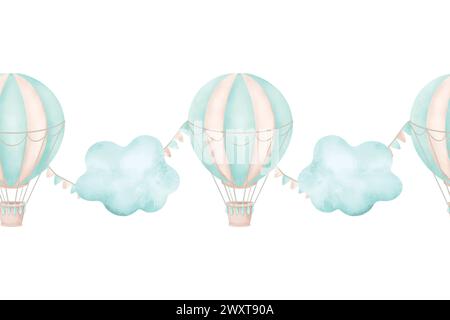Air balloon, clouds, seamless border, watercolor. Vector illustration in pastel colors for cards, invitations, childrens room design, websites, printi Stock Vector