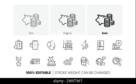House dimension, Security app and Piggy bank line icons. For web app, printing. Line icons. Vector Stock Vector