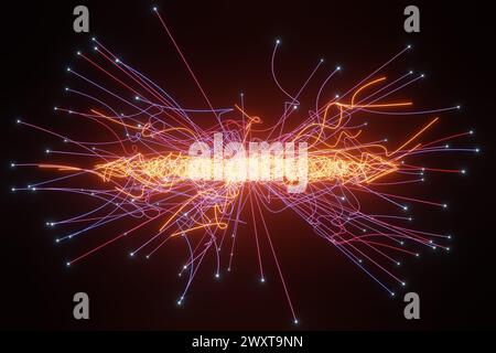Bright glowing neon colored straight lines and curves emitting from a central core in black background. Illustration as technological design element Stock Photo