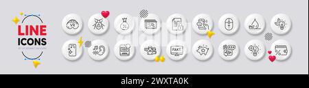 Hearing, Waterproof and Call center line icons. For web app, printing. White buttons 3d icons. Vector Stock Vector