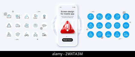 Battery, Online storage and Warning line icons. For web app, printing. Phone mockup with 3d danger icon. Vector Stock Vector