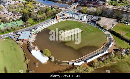 A general view of New Road, home of Worcestershire County Cricket club, partially flooded ahead of the new cricket season which starts on Friday April 5th. Picture date: Tuesday April 2, 2024. Stock Photo