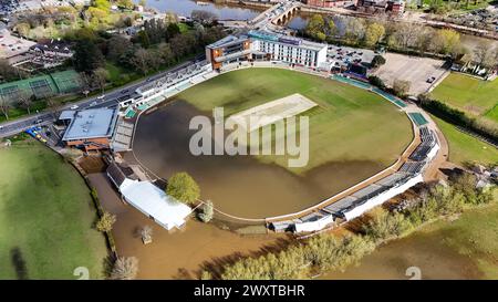 A general view of New Road, home of Worcestershire County Cricket club, partially flooded ahead of the new cricket season which starts on Friday April 5th. Picture date: Tuesday April 2, 2024. Stock Photo