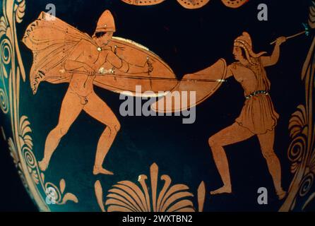 Scene of battle between two Greek warriors, painting on vase, Greece 400 BC Stock Photo