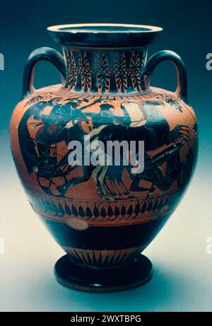 Attic style scene of battle with Greek warriors, painting on amphora ...