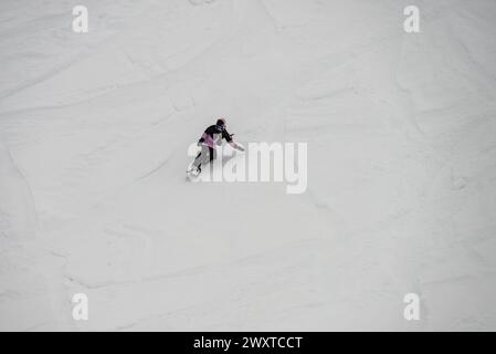 Freeride snowboarding in winter. Heliboarding freeride. Riding in powder on snowborad. Ski, Snowboard freeride i deep powder snow. Gudauri Georgia Cau Stock Photo