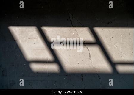 Shadow of window with grill by sun light coming from window during morning time on the tile. Stock Photo