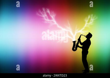 silhouette of a man playing a saxophone over a colorful background with energy lightning Stock Photo
