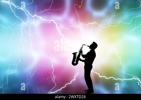 silhouette of a man playing a saxophone over a colorful background with energy lightning Stock Photo