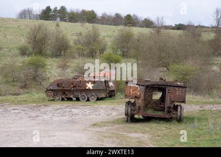 Rusted old tanks. Lost village of Imber. Stock Photo