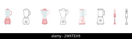 Kitchen blender logo set vector. Blender outline linear icon. Mixer concept icon. Cocktails and mousses concept vector. Vector illustration. Stock Vector