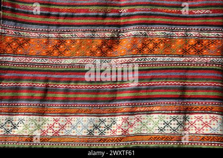 Textures and patterns in color from woven carpets. Stock Photo