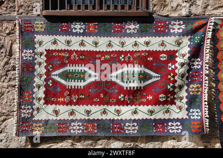 Textures and patterns in color from woven carpets. Stock Photo