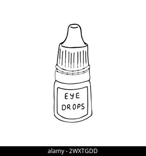 Medical drops bottle. Hand drawn vector illustration. Medical container for eye liquid treatment outline sketch,  isolated on white background. Stock Vector